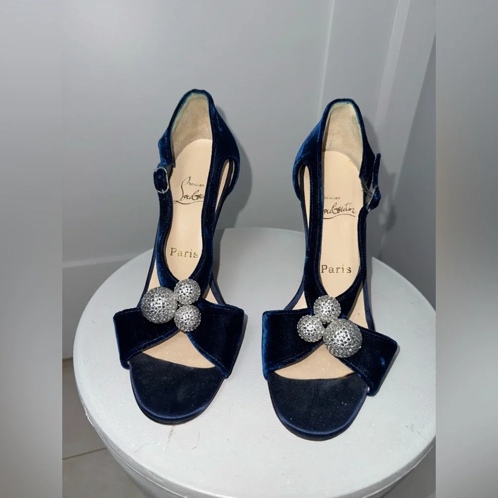 Christian Louboutin Blue velvet Palace Strauss high heel sandals/Size 7.5 - Picture 2 of 9